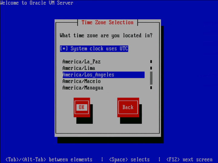 この図はOracle VM Serverの「Time Zone Selection」画面を示しています。