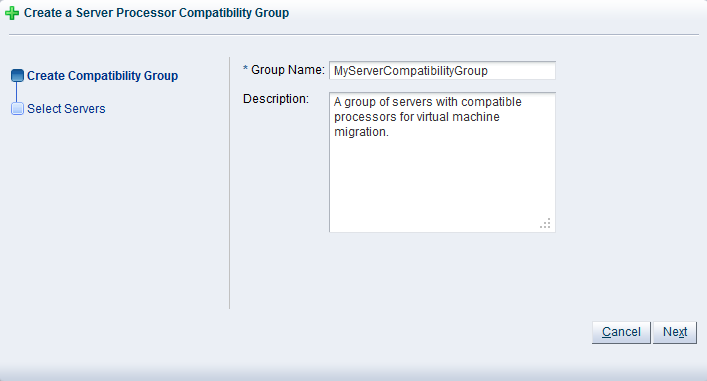 この図は、「Create a Server Processor Compatibility Group」ウィザードを示しています。
