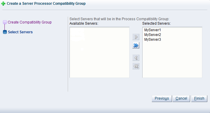 この図は、「Create a Server Processor Compatibility Group」ウィザードの「Select Servers」手順を示しています。