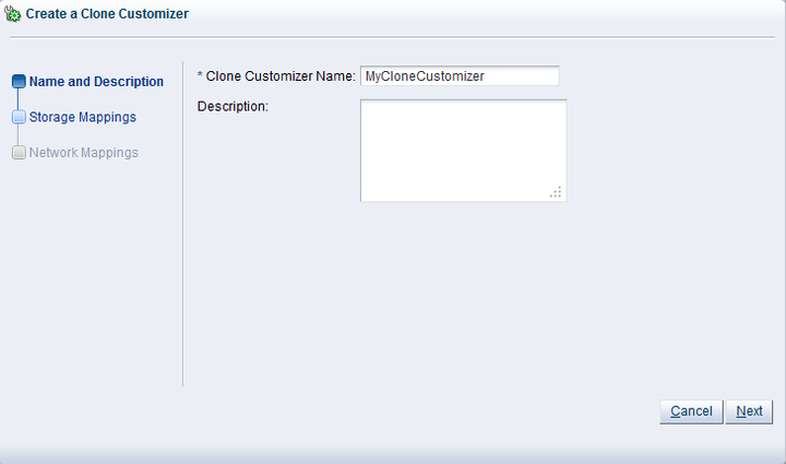 この図は、「Create a Clone Customizer」ウィザードの「Name and Description」手順を示しています。