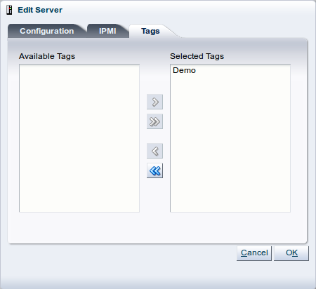 この図は、「Edit Server」ダイアログ・ボックスの「Tags」タブを示しています。