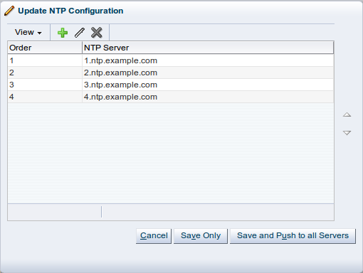 この図は、「Update NTP Configuration」ダイアログ・ボックスを示しています。
