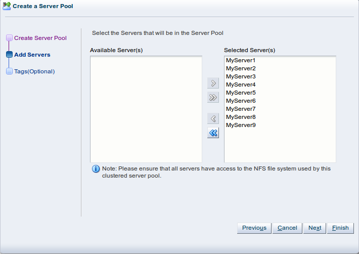 この図は、「Create a Server Pool」ウィザードの「Add Servers」手順を示しています。