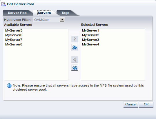 この図は、「Edit Server Pool」ダイアログ・ボックスの「Servers」タブを示しています。