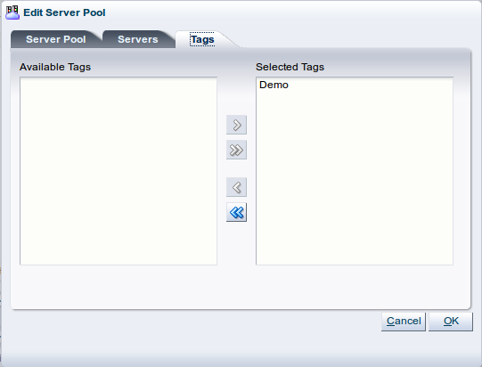 この図は、「Edit Server Pool」ダイアログ・ボックスの「Tags」タブを示しています。