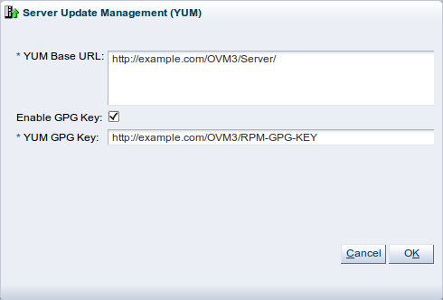 この図は、「Server Update Management (YUM)」ダイアログ・ボックスを示しています。