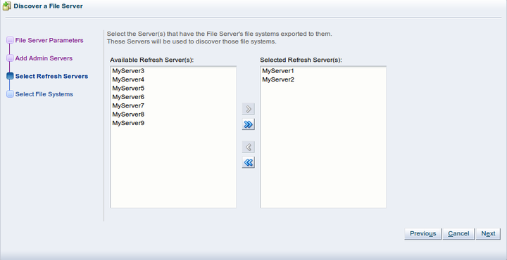 この図は、「Discover a File Server」ウィザードの「Refresh Servers」ステップを示しています。