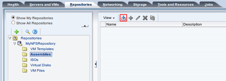 この図は、「Repositories」タブの「Import VM Assembly」アイコンを示しています。