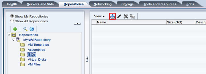 この図は、「Repositories」タブの「Import ISO」アイコンを示しています。