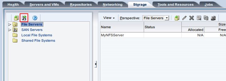 この図は、「Storage」タブの「Discover SAN Server」アイコンを示しています。