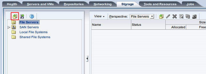 この図は、「Storage」タブの「Discover File Server」アイコンを示しています。