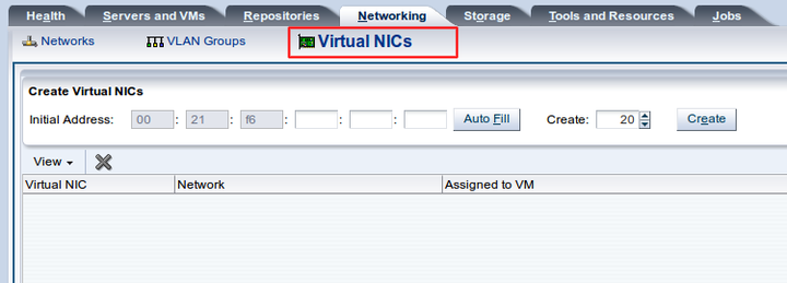 この図は、「Networking」タブの「Virtual NICs」サブタブを示しています。
