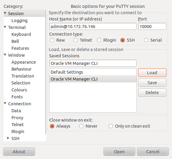 この図は、Oracle VM Managerに接続するための接続の詳細を指定するPuTTYセッションを示しています。