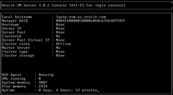 image:Graphic showing the preinstalled Oracle VM Server console session                             screen.