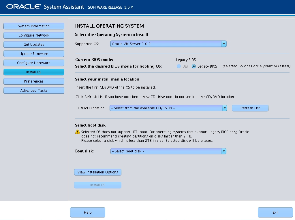 image:A screen capture showing the Oracle System Assistant Install OS                             screen.