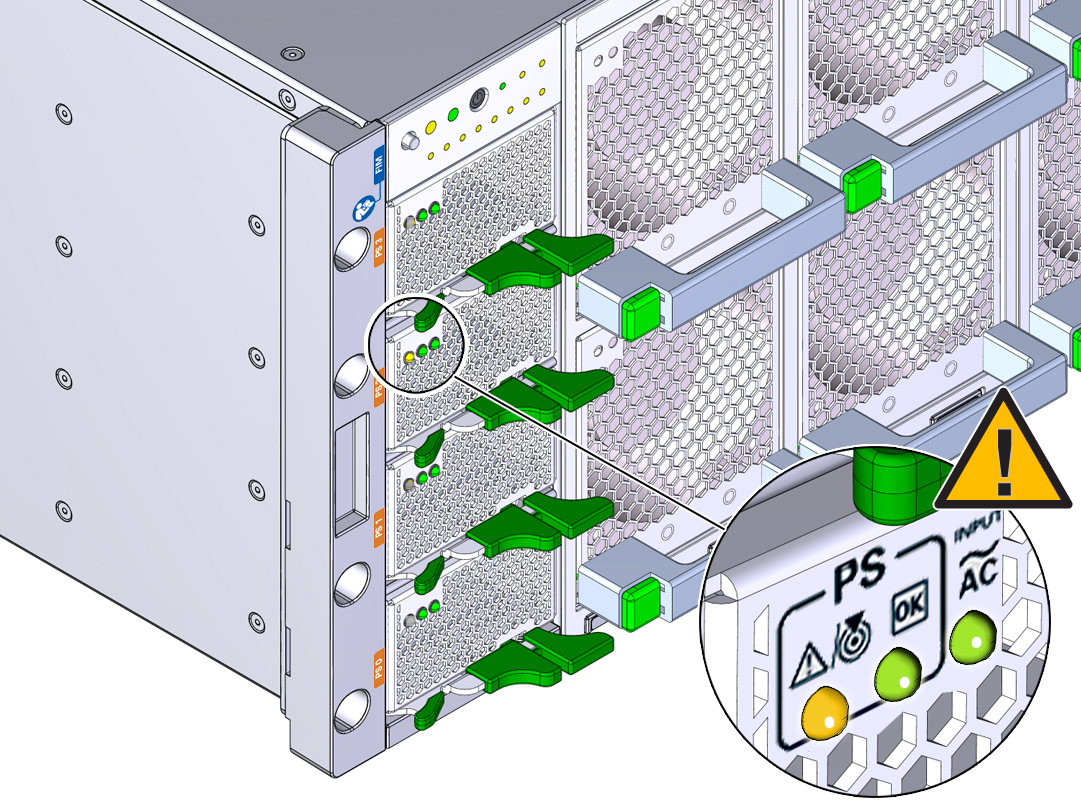 image:An illustration showing the indicator panel on the front of the                                 power supplies.