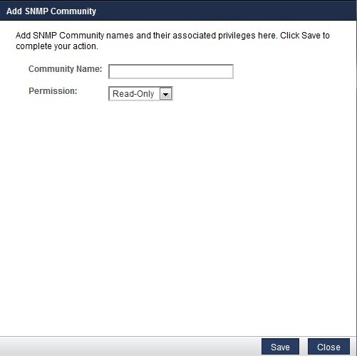 image:Captura de pantalla del cuadro de diálogo Add SNMP Community (Agregar comunidad SNMP).