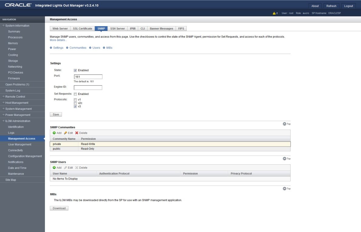 image:Capture d'écran de la page SNMP Management