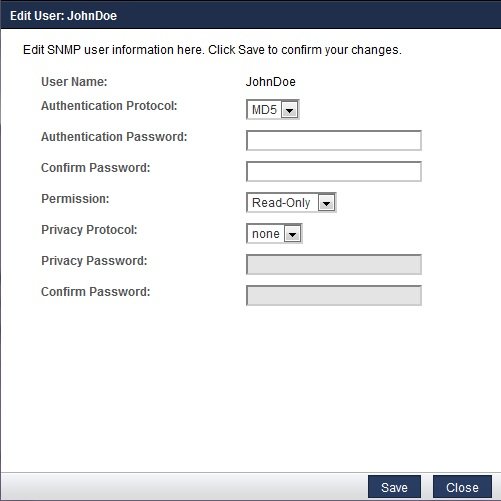image:SNMP 사용자 추가 또는 편집 대화 상자
