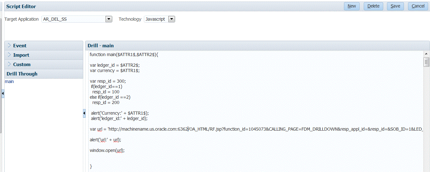 Image shows the JavaScript used in a drill through script.