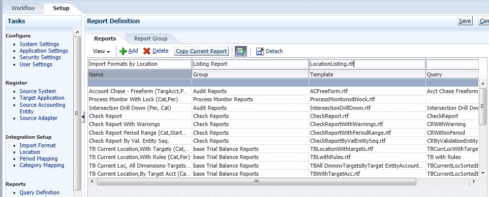 Image shows Report Definition tab