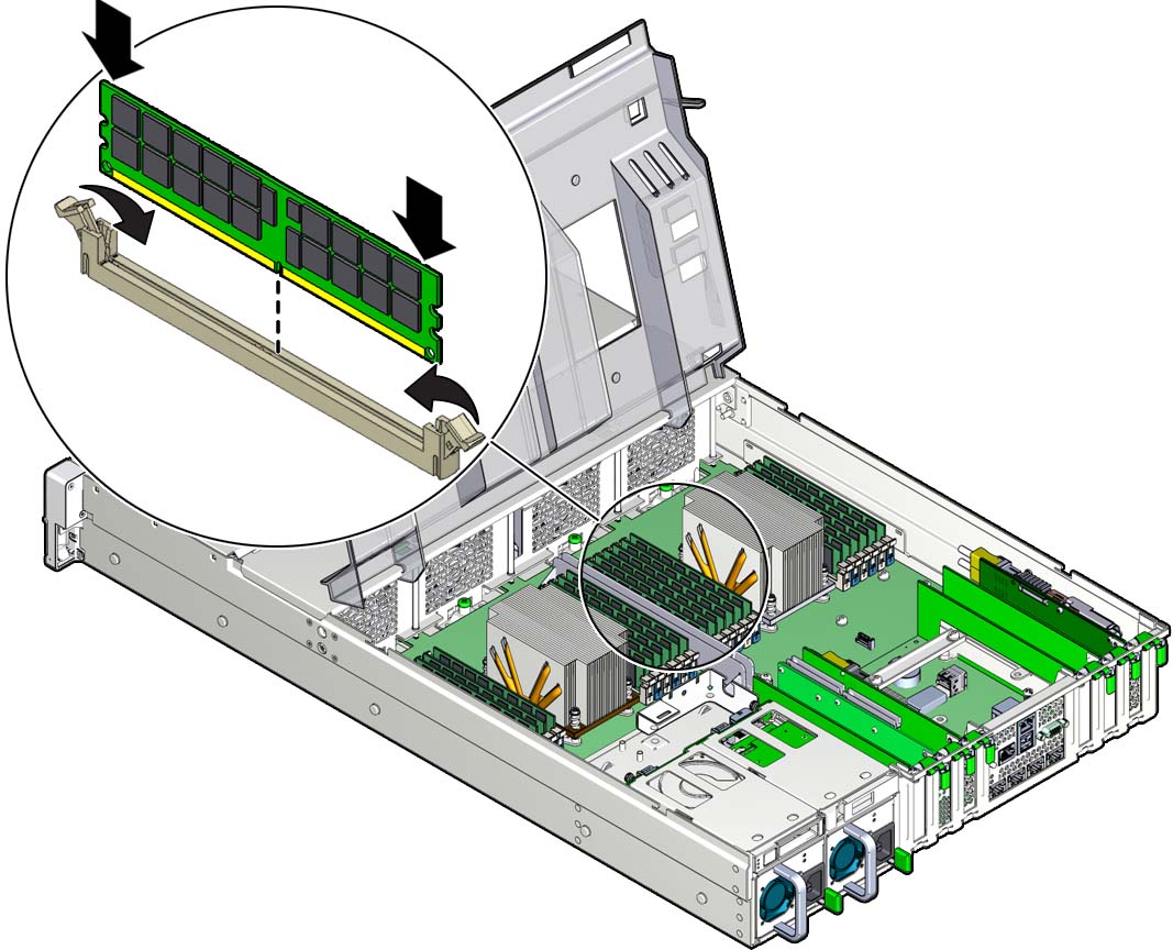image:Figure showing a memory DIMM being installed into the                                         sever.