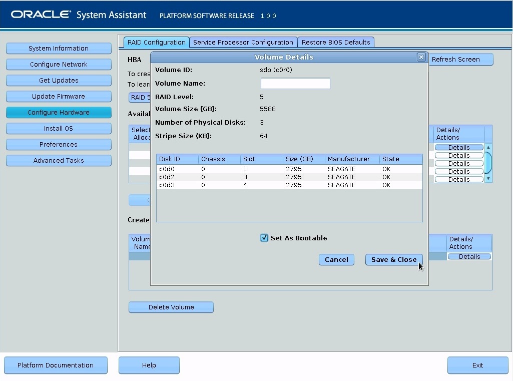 image:Screen showing the RAID configuration Volume Details                                         dialog box.