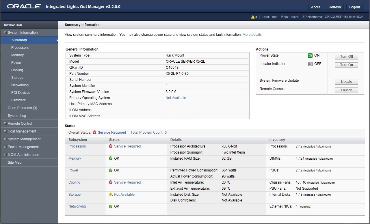 image:Graphic showing Oracle ILOM Summary screen