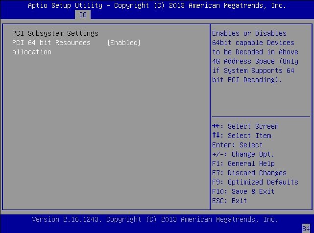 image:Graphic showing the PCI Subsystem Settings menu