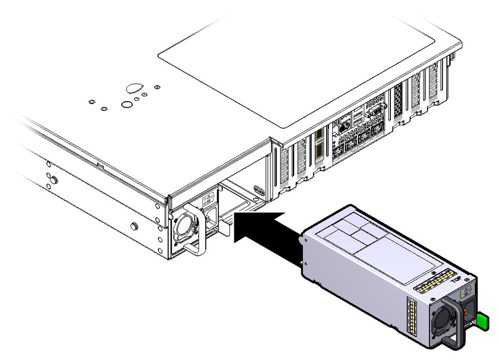 image:Figure showing a power supply being installed into the                         chassis.