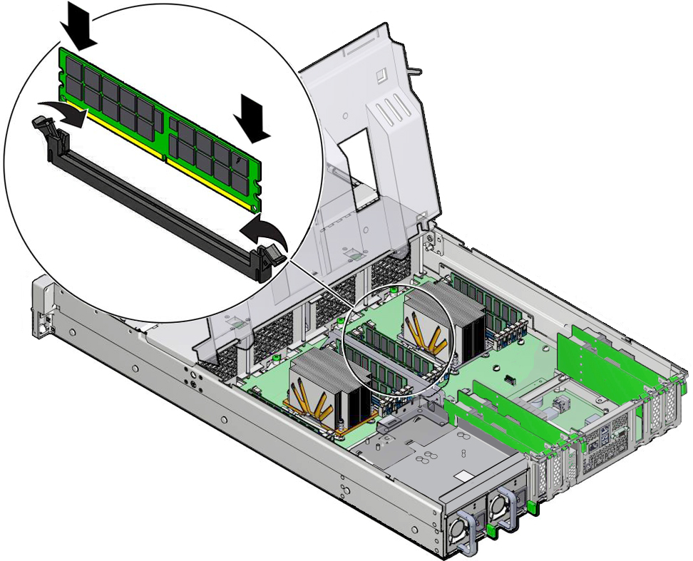 image:Figure showing a memory DIMM being installed into the                               sever.