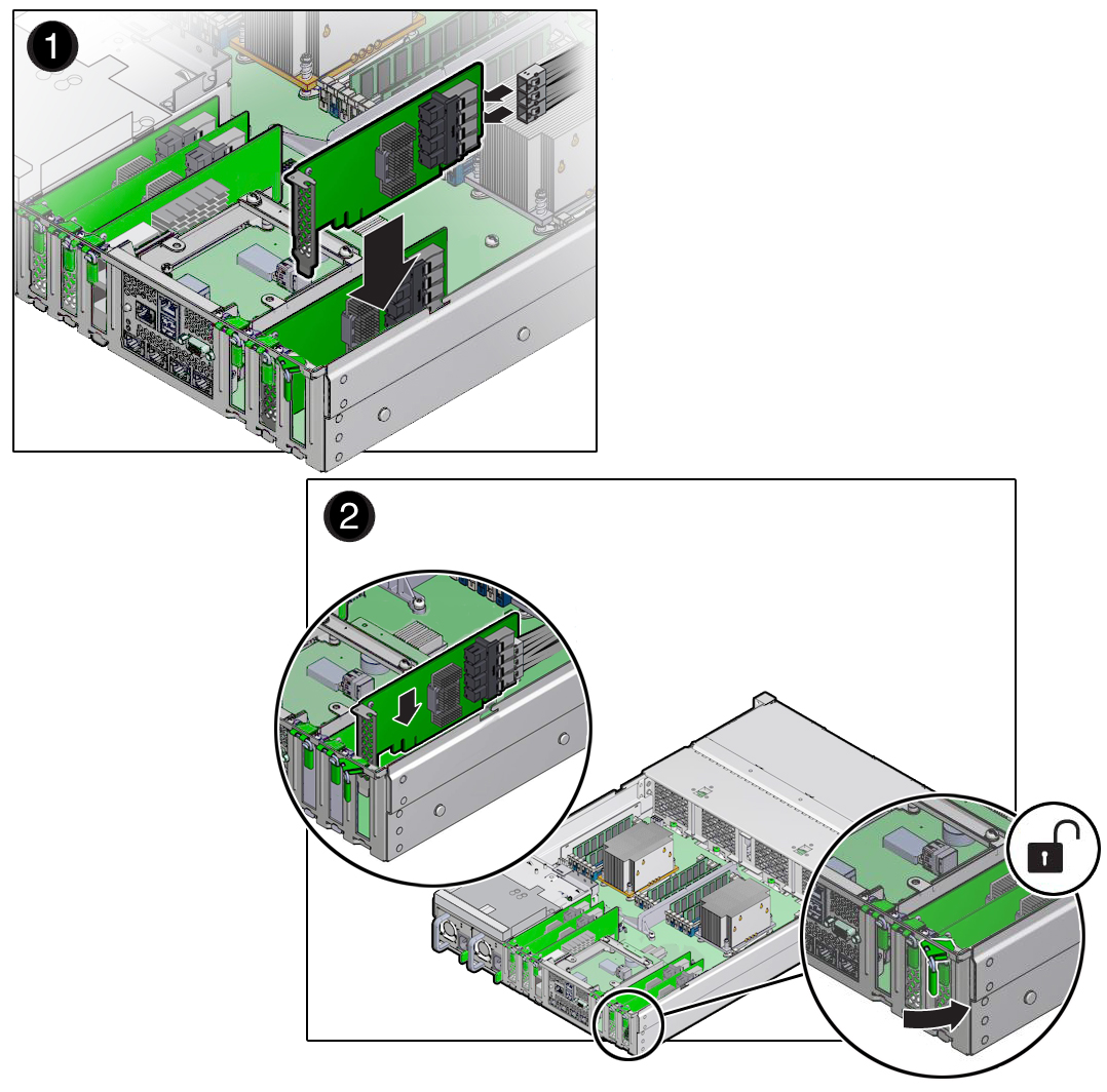 image:Figure showing a PCIe card being installed into the storage                         server.