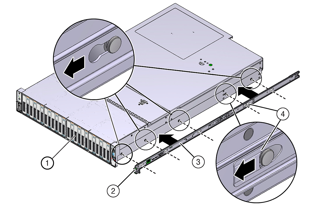 image:Figure of mounting bracket aligned with storage server chassis locating                      pins.
