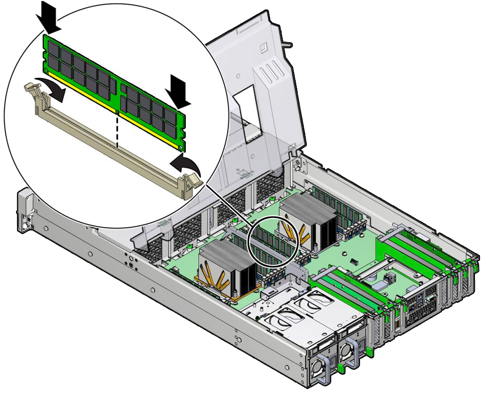 image:Figure showing a memory DIMM being installed into the sever.