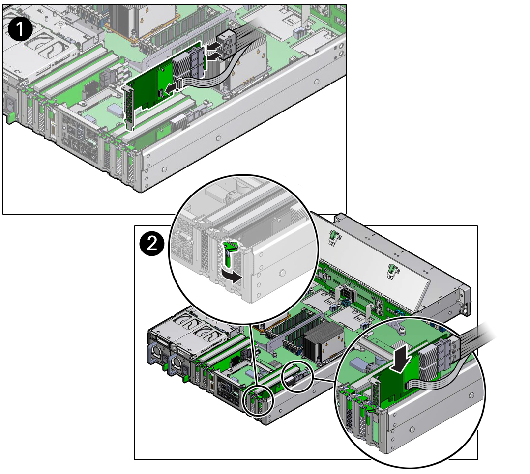 image:Figure showing the Oracle Storage 12 Gb/s SAS PCIe HBA card being installed into the server.