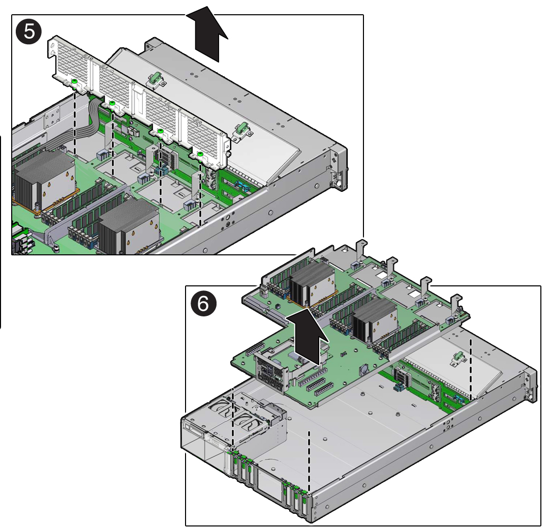 image:Figure showing the motherboard assembly being removed from the server.