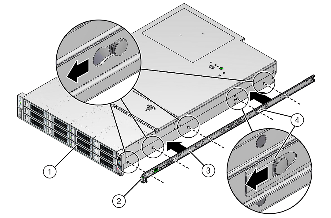 image:Figure of mounting bracket aligned with storage server chassis locating                      pins.
