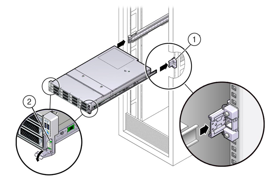 image:Figure showing the storage server with mounting brackets being inserted                      into the Slide-Rails.
