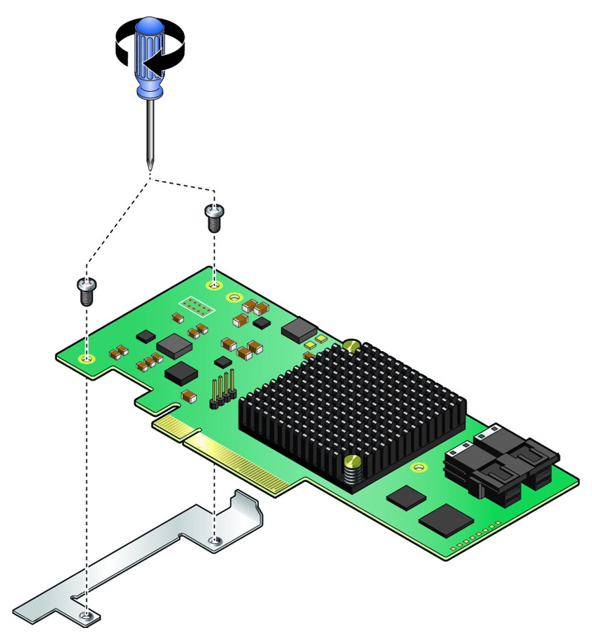image:Figure showing how to install the special fitted bracket on to                                 the replacement HBA card.