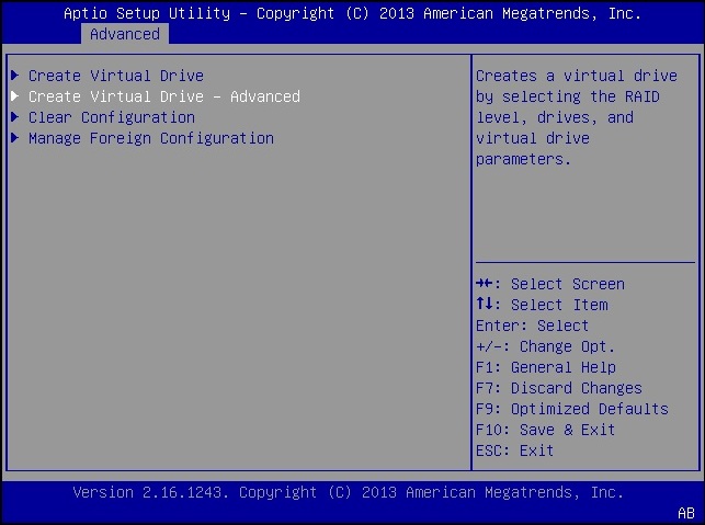 image:Screen showing the Create Virtual Drive – Advanced option                                 selected.
