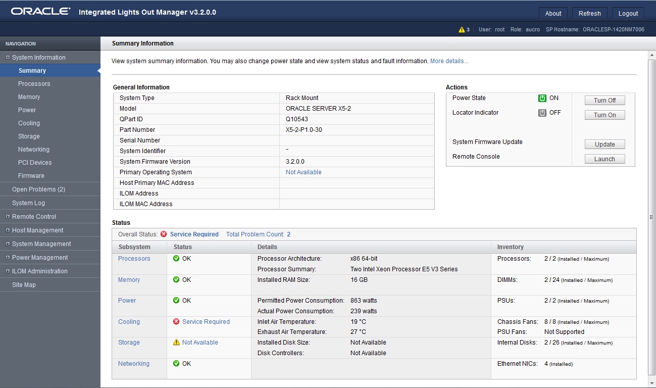 image:This graphic shows the Oracle ILOM System Information Summary screen.
