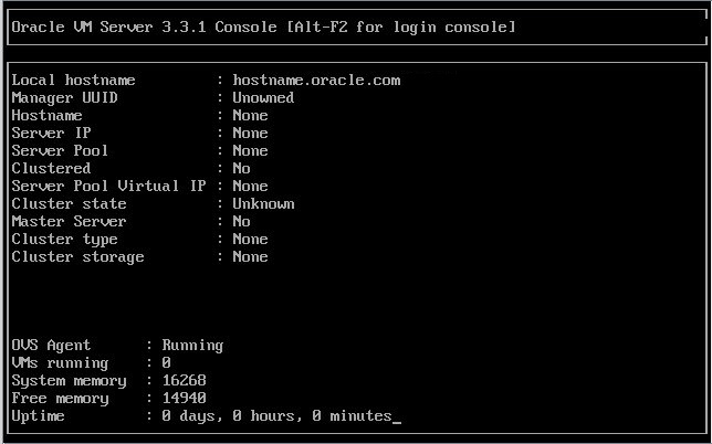 image:Graphic showing the preinstalled Oracle VM                                                   Server Console session screen