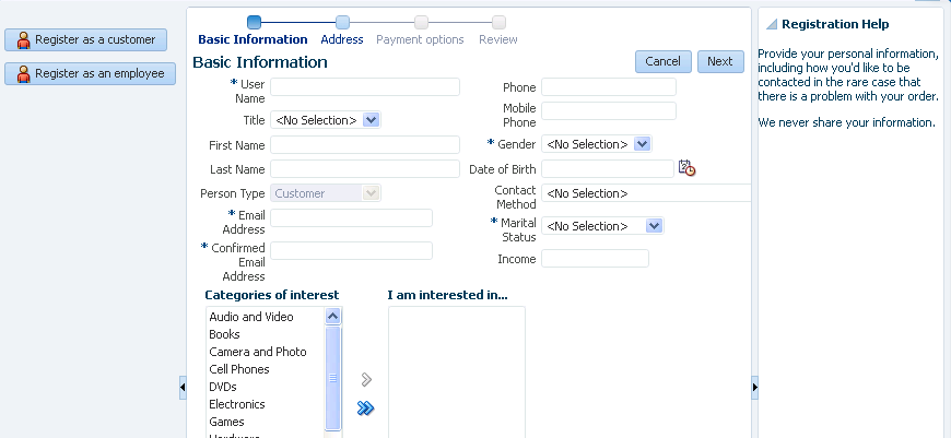 Customer Registration Task Flow in an ADF Dynamic Region