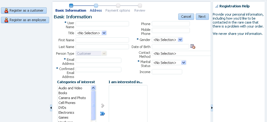 ADF Regions in the Fusion Order Demo Application