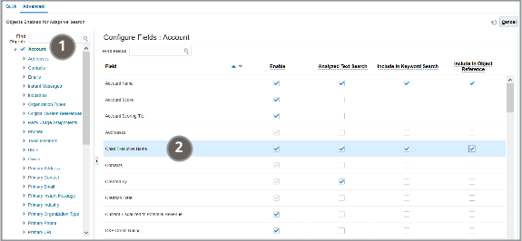 「最高経営責任者名」フィールドの場所が強調表示された
「適応型検索の構成」ページの
一部のスクリーンショット。「使用可能」、「分析済テキスト検索」、「キーワード検索に含む」
および「オブジェクト参照に含む」オプションが選択されています。