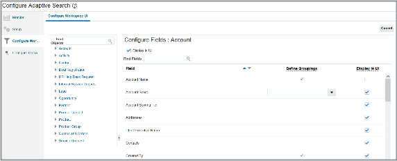 「適応型検索の構成」UIの
「ワークスペースUIの構成」タブのスクリーンショット