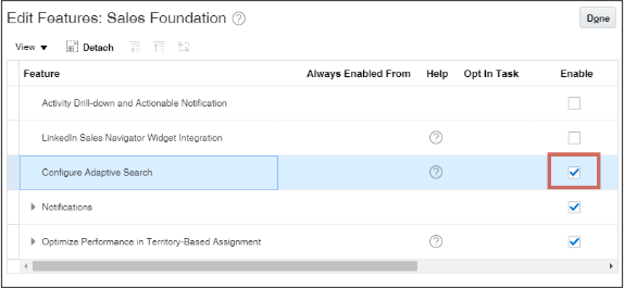 リストされている「適応型検索の構成」機能と
「使用可能」オプションの場所が強調表示された「機能の編集: 販売基盤」
ページのスクリーンショット。