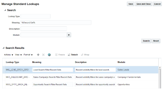 「検索結果」の「リード検索フィルタ・レコード・セット」、
「営業キャンペーン検索フィルタ・レコード・セット」および
「商談検索フィルタ・レコード・セット」にリストされている検索フィルタ・レコード・
セット参照タイプの一部が示されている部分的なスクリーン・キャプチャ。