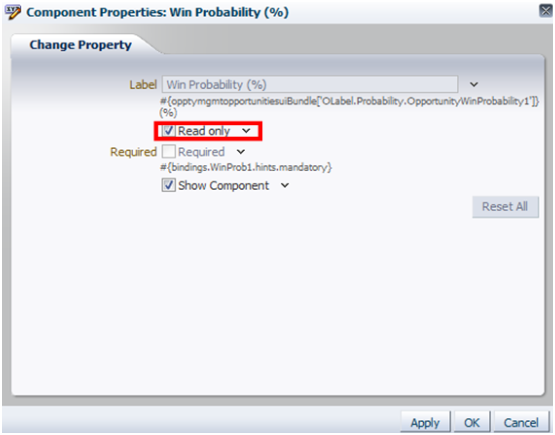 この図は、コンポーネント・プロパティ・ウィンドウの受注確度の
「読取り専用」チェック・ボックスを示しています。
