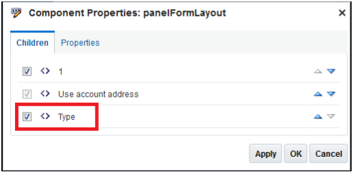 このイメージは、「コンポーネント・プロパティ」ダイアログ・ボックス
の「住所」リージョンの「タイプ」フィールドを示しています。